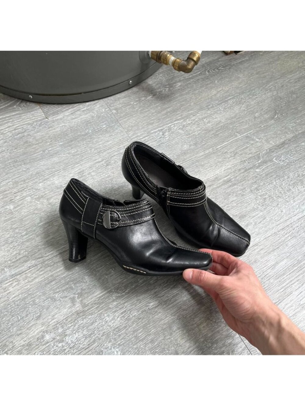Black / White Y2K Faux Leather Slip-On Small Heels / Shoes W/ Stitching Details - Picture 1 of 6